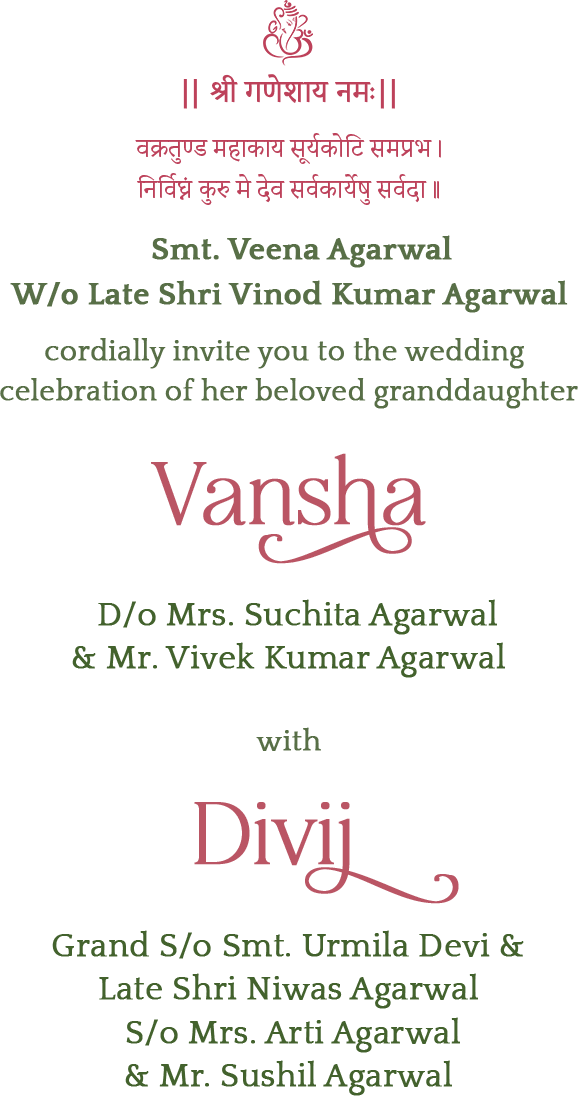Formal wedding invitation text for Vansha and Divij