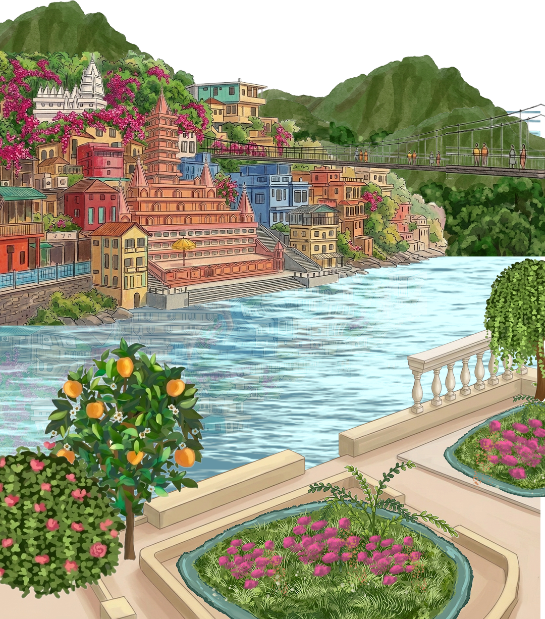 Illustrated Rishikesh riverside