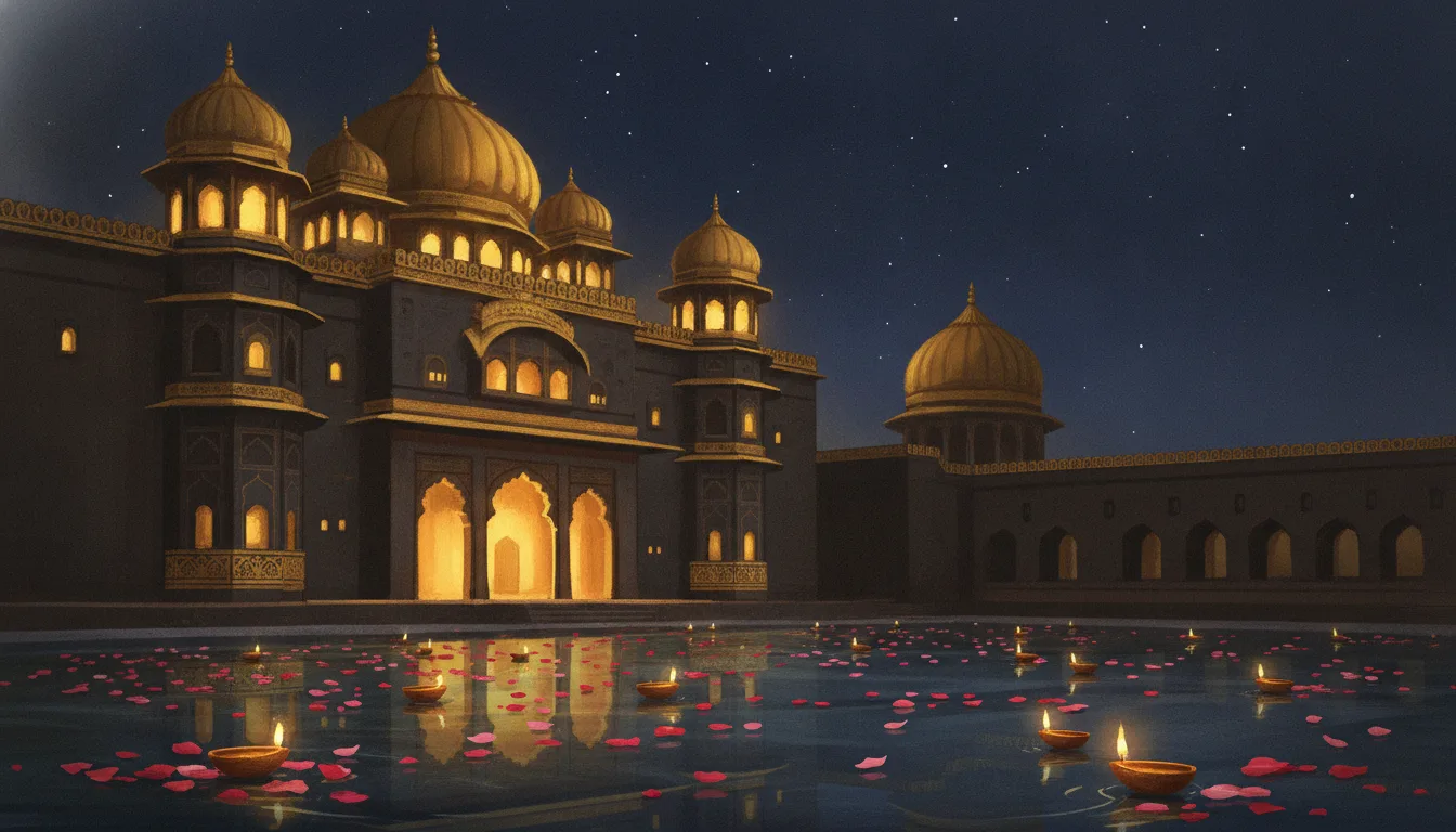 Umaid Bhawan Palace lit golden at dusk, with diyas floating on the reflecting pool